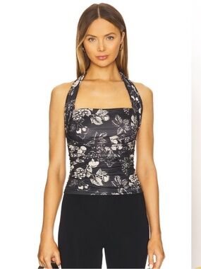 Free People Black & White Floral Halter Tank
